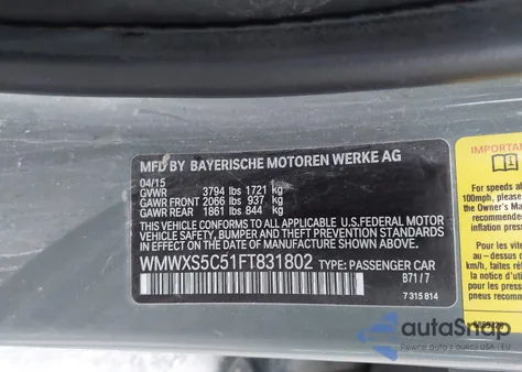 2015 Mini Hardtop Cooper из США, поврежденный, VIN WMWXS5C51FT831802